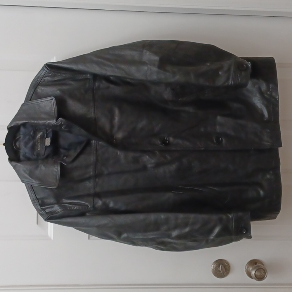 Banana Republic black leather button front quilted men's jacket coat sz M